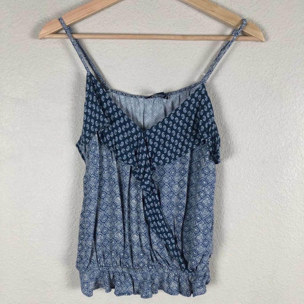 American Eagle Y2K Ruffled Shirt Blue White Print Strappy Faux Wrap‎ Size Small